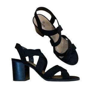 Susina 10 Black Elastic Strappy Chunky Heeled Sandals